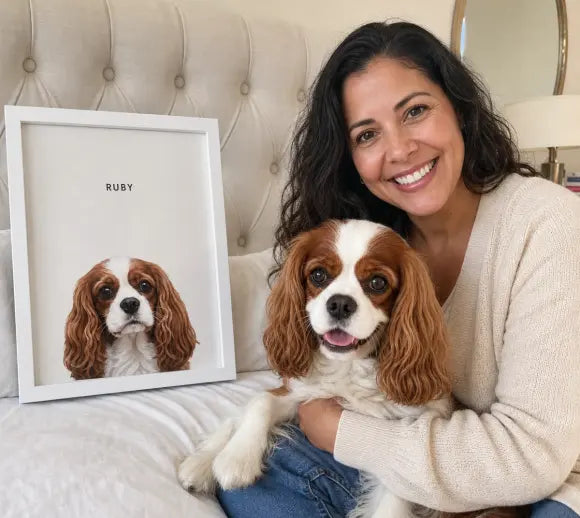 A woman holding her cavalier spaniel beside his framed portrait, propped on the bed.