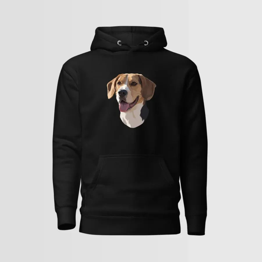 Custom Hoodie pet portrait in a black frame, hung on a wall