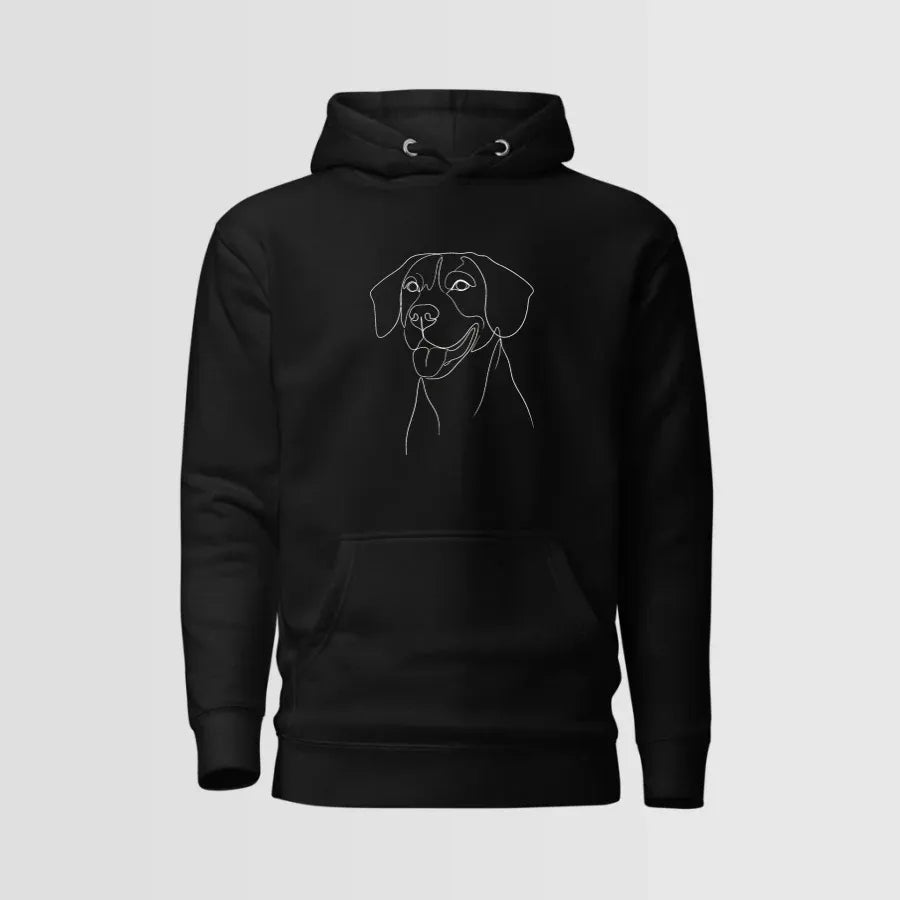 Line Hoodie pet portrait in a black frame, hung on a wall