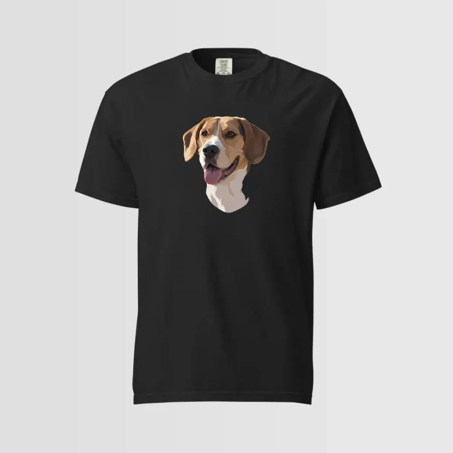 Custom T-Shirt pet portrait in a black frame, hung on a wall