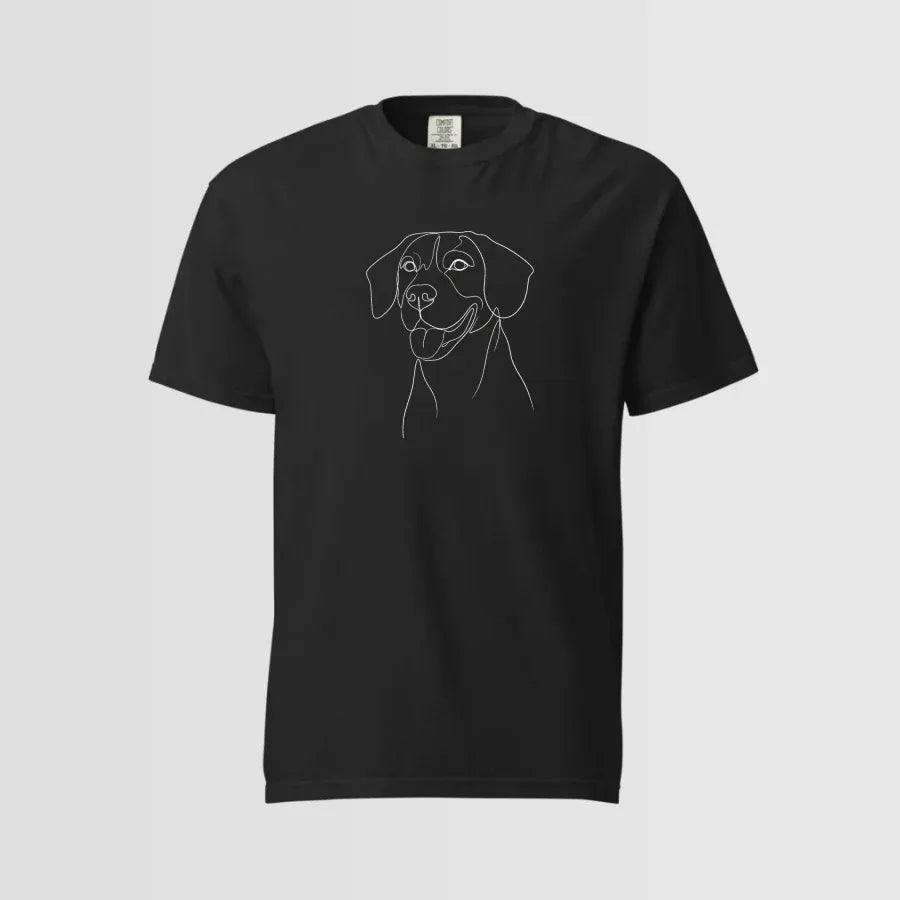 Line T-Shirt pet portrait in a black frame, hung on a wall