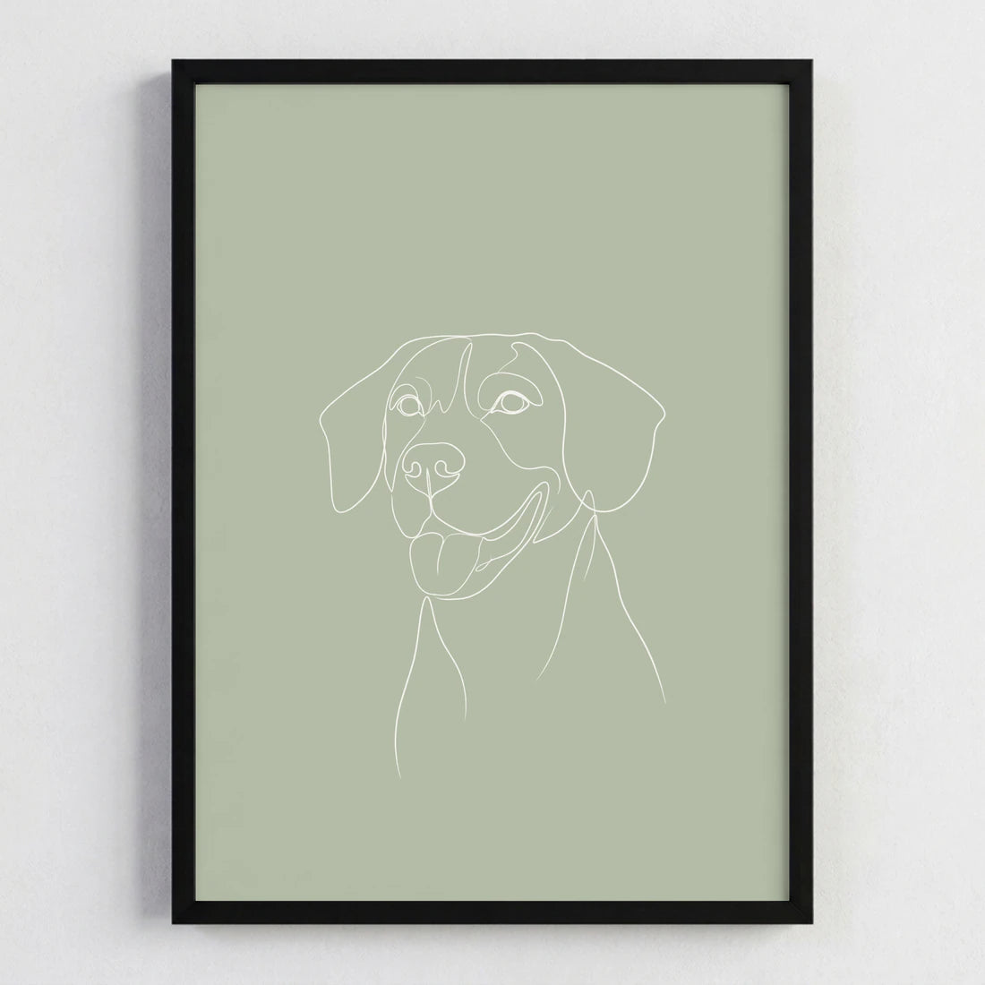 Line Art pet portrait of a beagle on a sage backdrop, framed in black