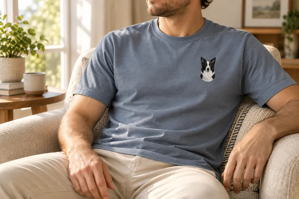 A pet portrait t-shirt, worn