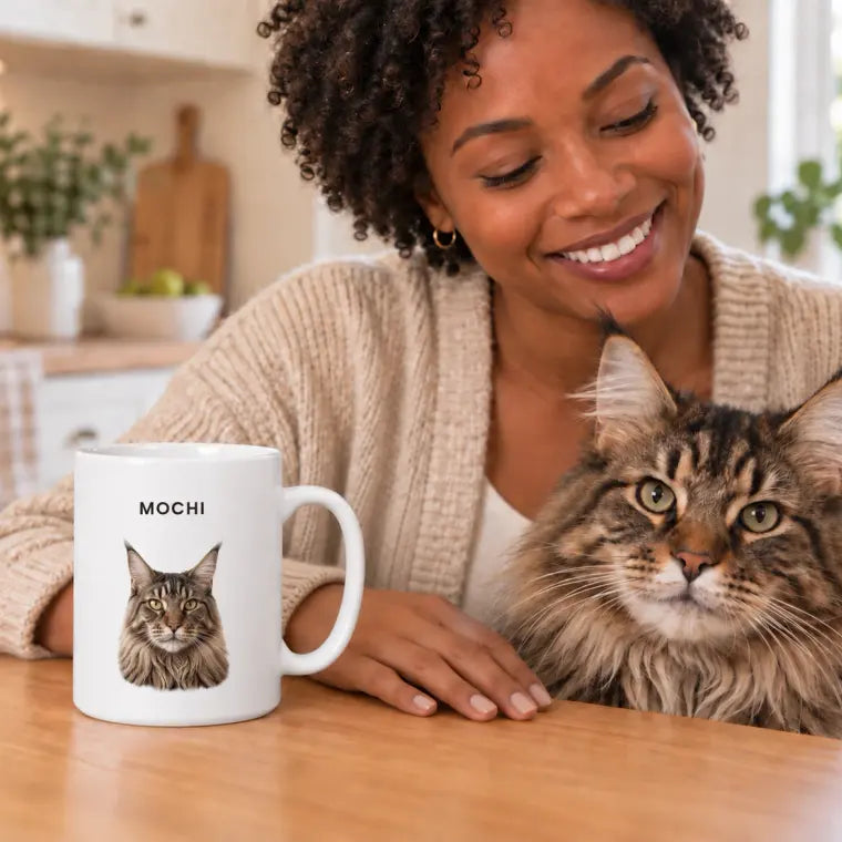 A woman at her kitchen table with a mug printed with her Maine Coon's portrait, the cat beside her.