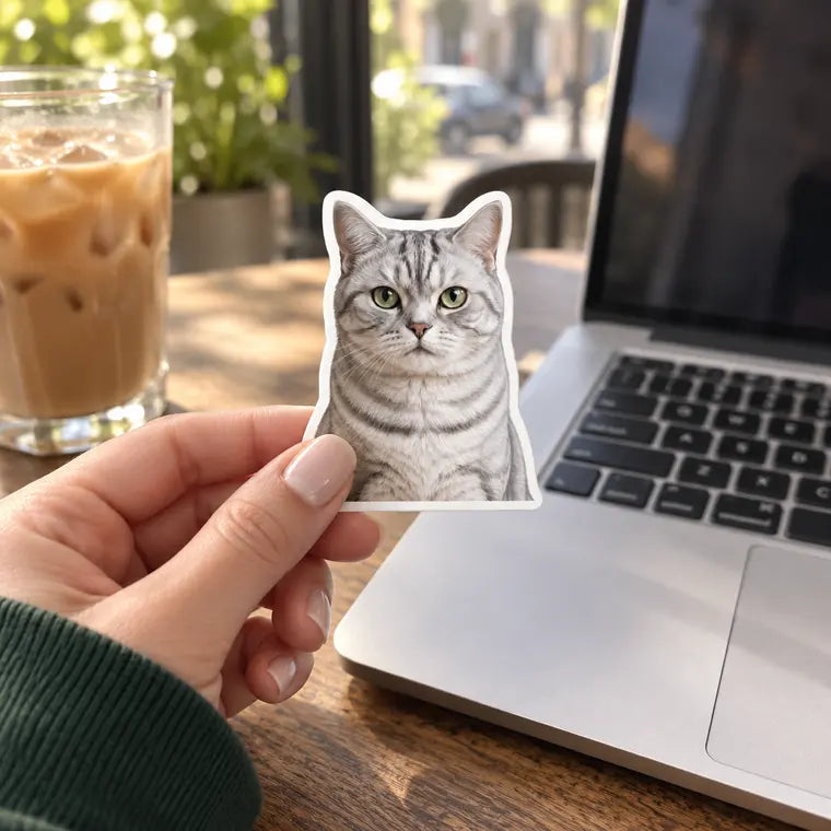A hand holding a vinyl sticker cut to the shape of a silver tabby cat, about to put it on a laptop.